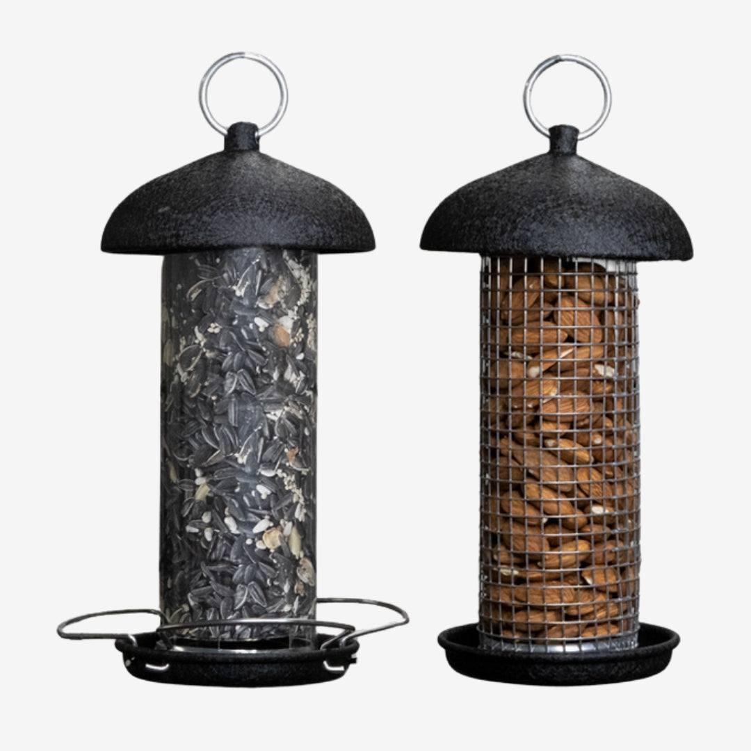 Hopper-style bird feeder and peanut tube set, ideal for birdwatching enthusiasts looking to feed wild birds in their backyard